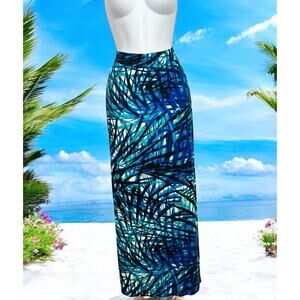 APT.9 Maxi Skirt Sz S Blue Green Palms Soft Stretch Travel Tropical Vacation